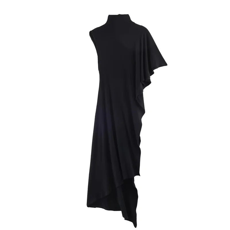 Women's Top 2026 Spring New Style Black Short-Sleeve High-Neck Asymmetrical Pleated Decorative Top Elegant and Stylish Personal