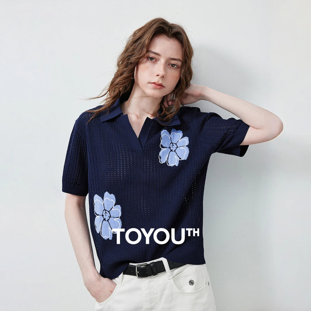 TOYOUTH Women Knitwear 2026 Summer New Hollow Cable Knit Polo Shirt Mountain Poetic Flower Ice Silk Pullover Tops