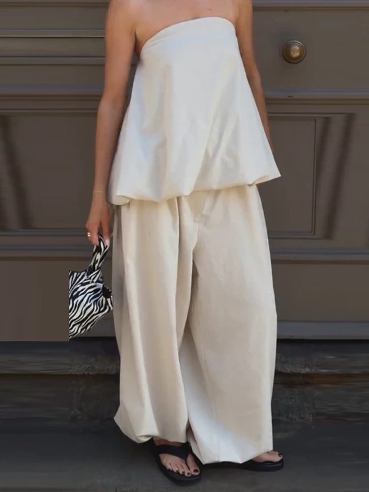 Casual Solid Two-Piece Set Women Strapless Sleeveless Pleated Top Loose Lantern Pants 2026 Summer New Lady Casual Basic Outfit