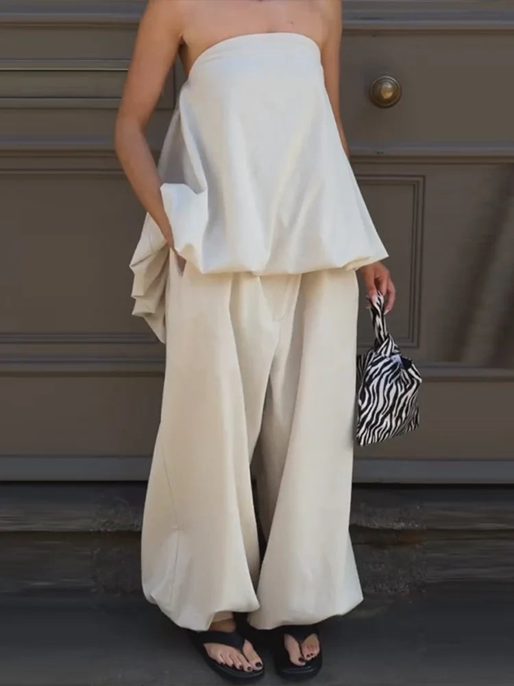 Casual Solid Two-Piece Set Women Strapless Sleeveless Pleated Top Loose Lantern Pants 2026 Summer New Lady Casual Basic Outfit