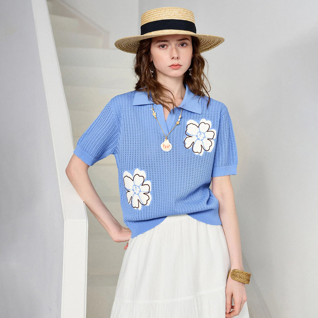 TOYOUTH Women Knitwear 2026 Summer New Hollow Cable Knit Polo Shirt Mountain Poetic Flower Ice Silk Pullover Tops