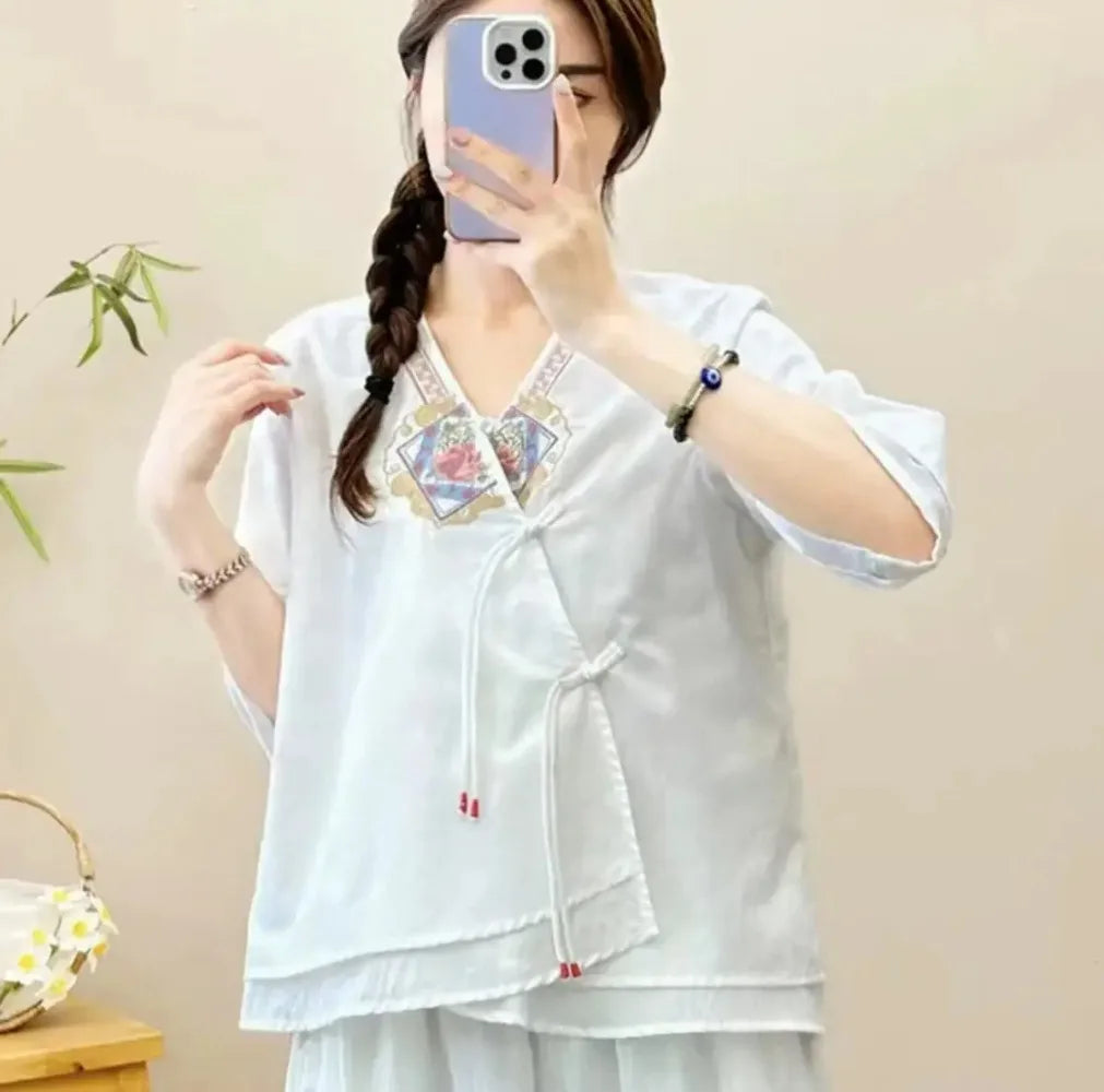Casual Loose Blouse Shirt Women Clothes Summer Cotton Linen Ladies Tops Tee Blusas Vintage Embroidery Woman Shirt Camiseta Mujer