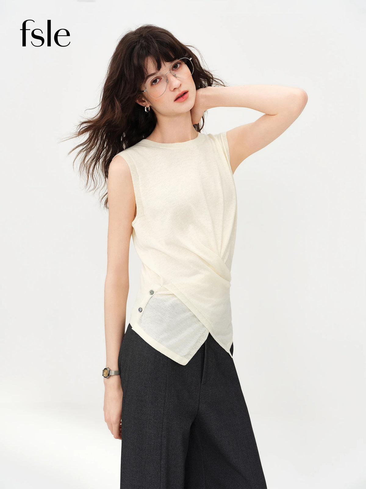 FSLE 2026 Summer Women‘s Acetate Wool Blend Sleeveless Knit Vest Relaxed Fit V-Neck Top for Soft Tailoring Healing Commute Style