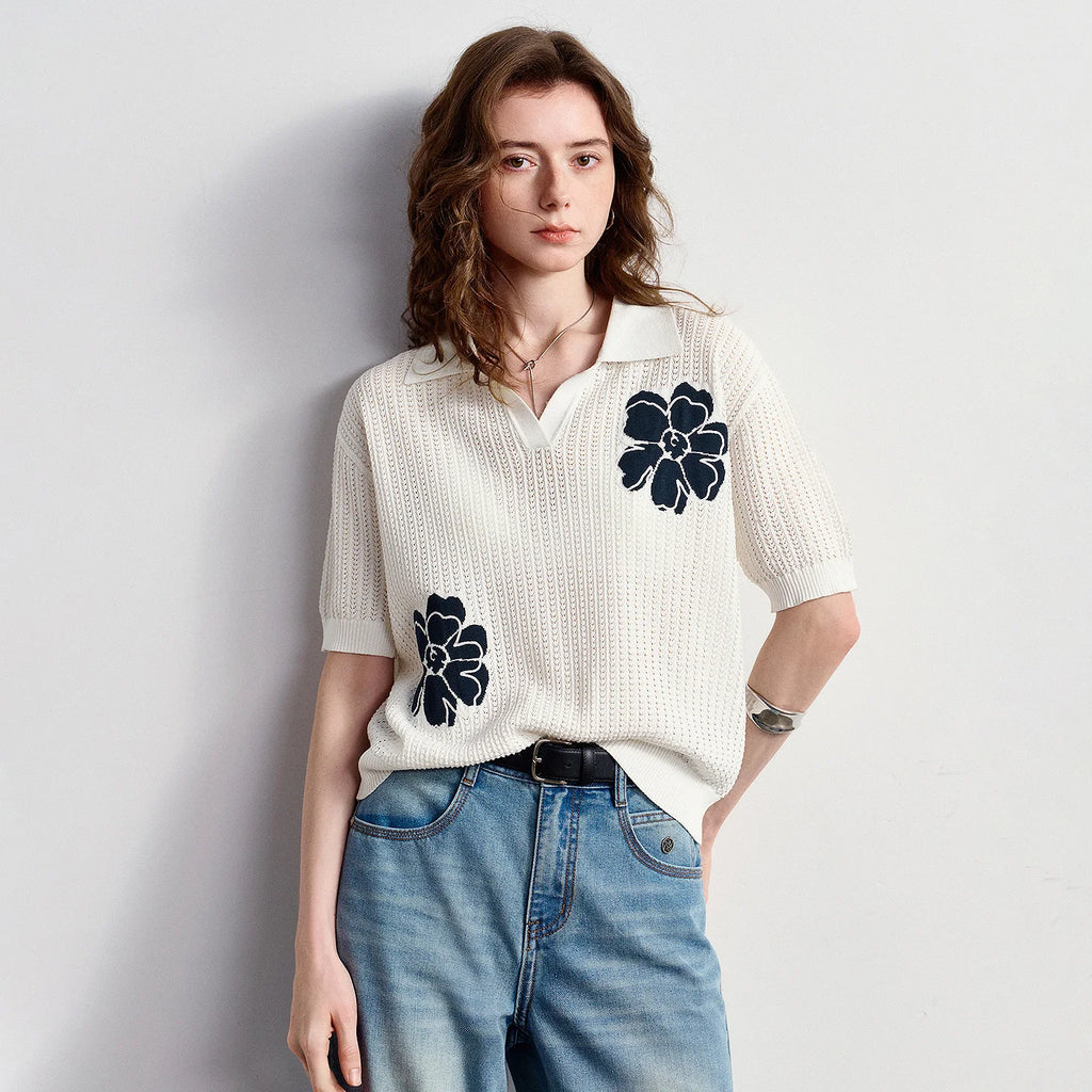 TOYOUTH Women Knitwear 2026 Summer New Hollow Cable Knit Polo Shirt Mountain Poetic Flower Ice Silk Pullover Tops