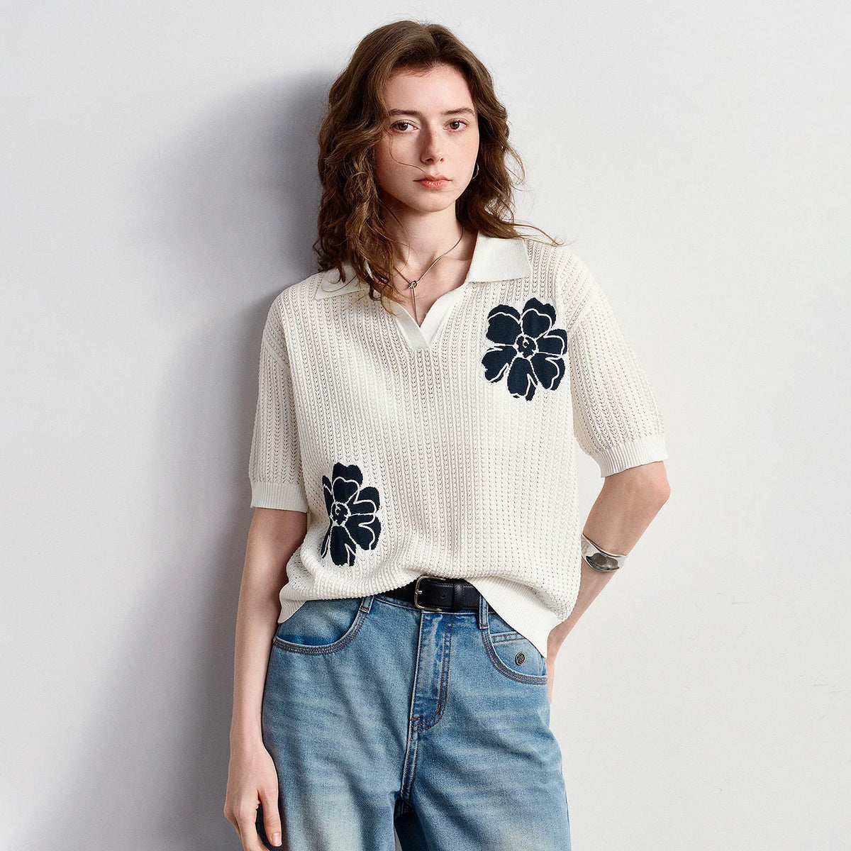 TOYOUTH Women Knitwear 2026 Summer New Hollow Cable Knit Polo Shirt Mountain Poetic Flower Ice Silk Pullover Tops